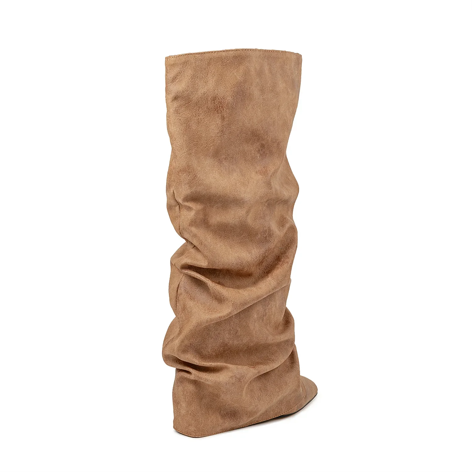 European and American Fashion Wedge Retro Sheepskin Pattern Sleeve Knee High Pleated Boots for Women's Sexy Leopard Print Boots