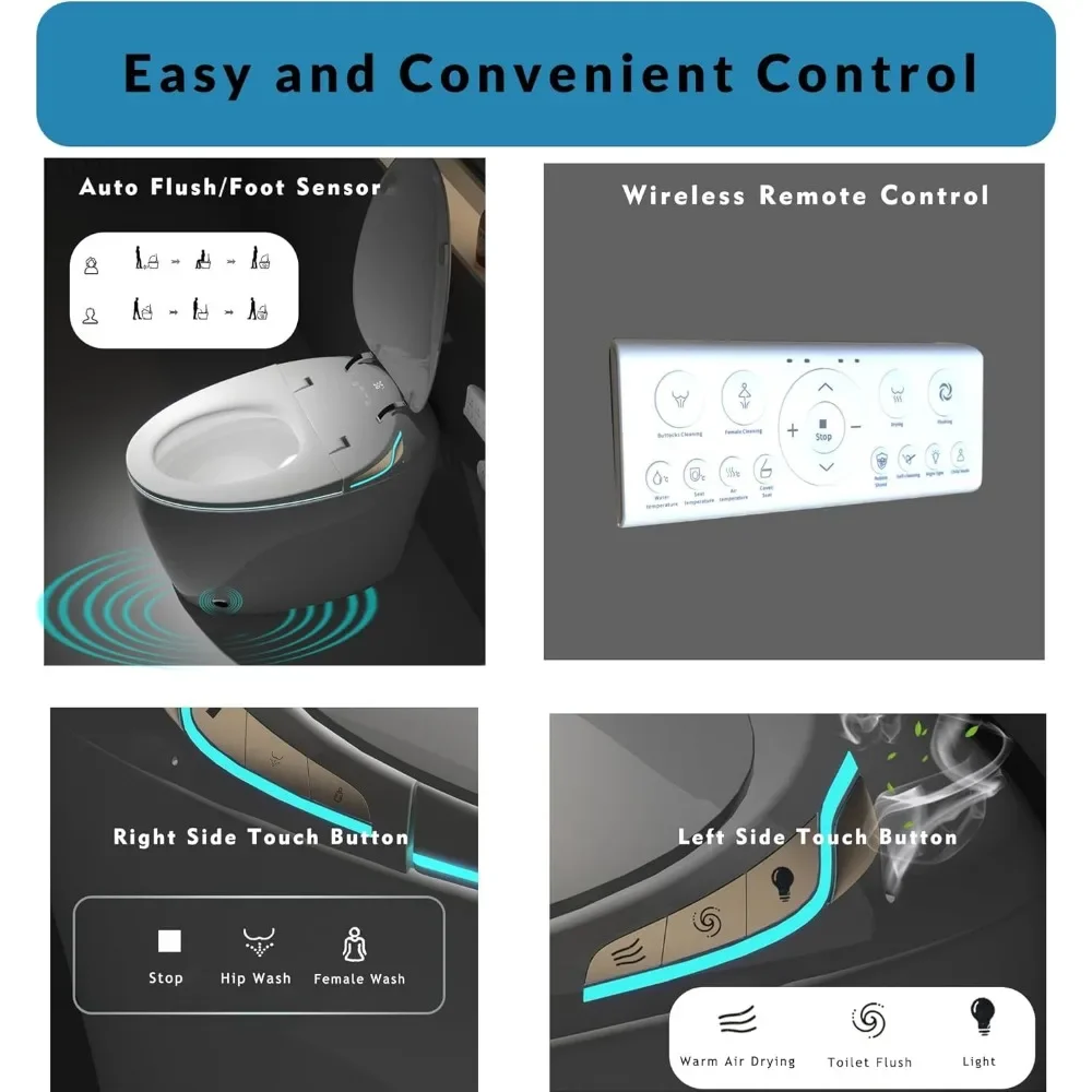 Smart Toilet with Adjusted Heated Seat，Auto Open Auto Flush，Warm Water and Dryer, Night Light, Side Buttons，Smart Toilet 3