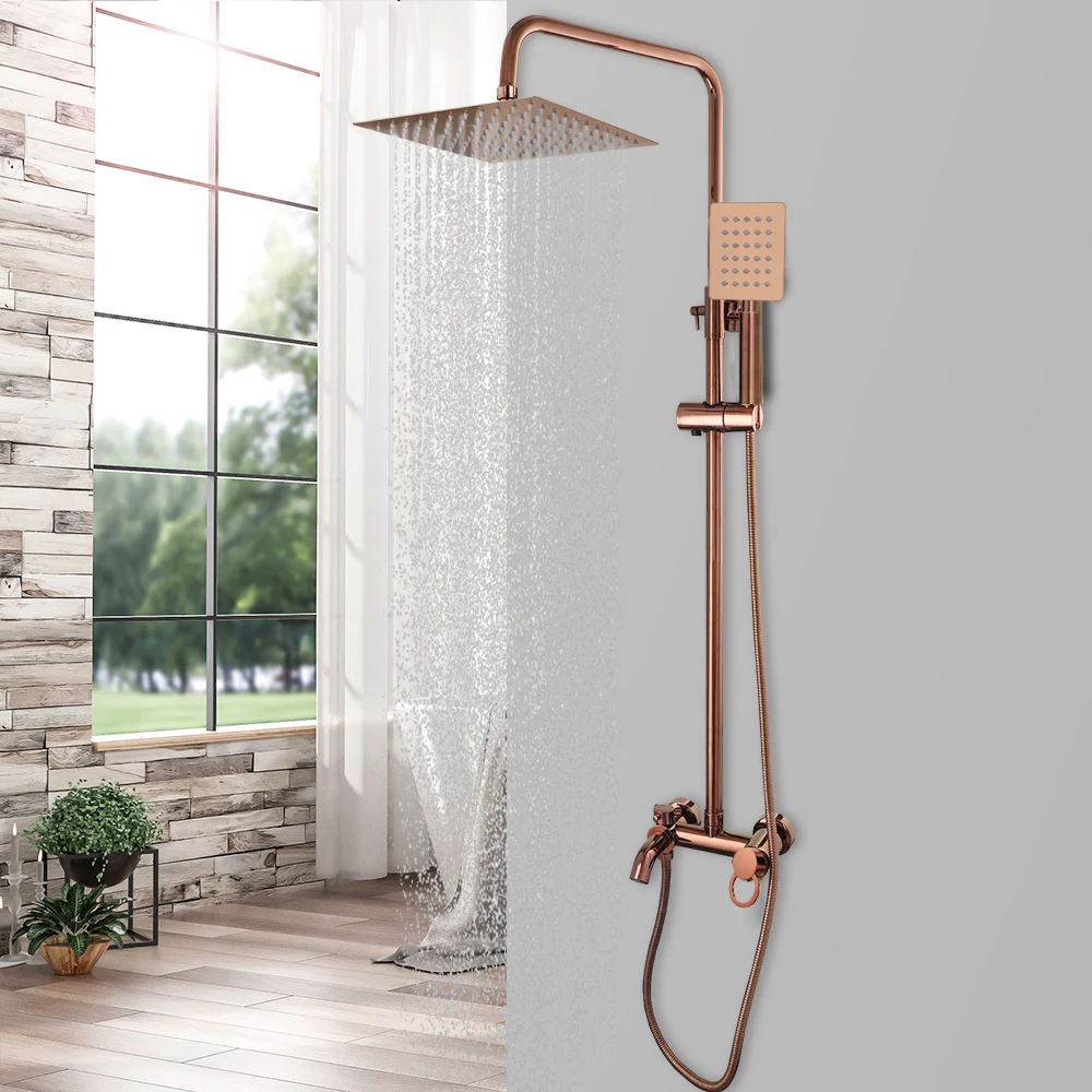 Torayvino Rose Gold Rectangle Rainfall Shower Head Bathroom Showers Faucet Wall Mounted Bathtub Shower System Mixer Water Tap