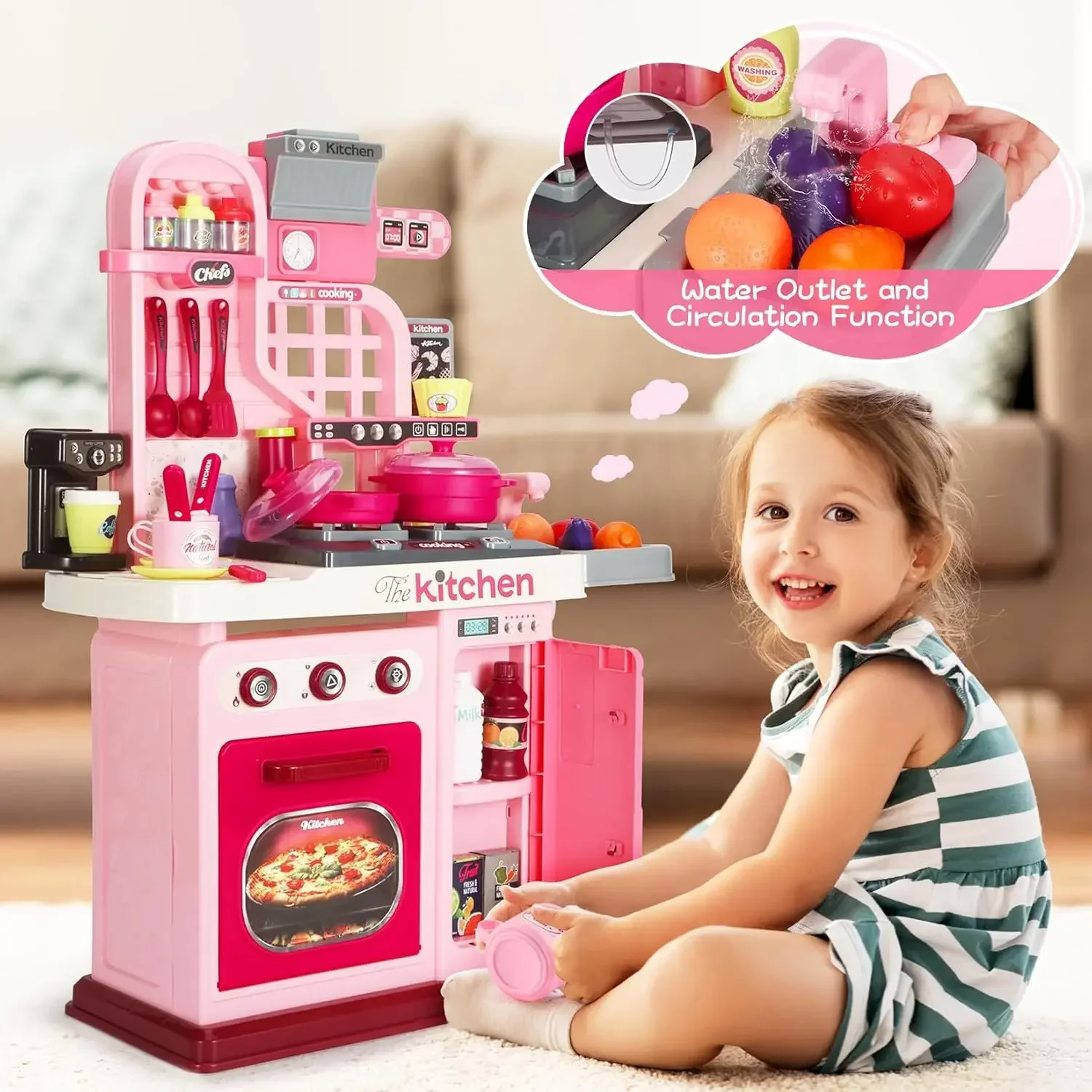 Kitchen Toys Pretend Kitchen Toys Kitchen Sink Toys Kids Kitchen Playset Kitchen Set for Toddlers 1-3 3-5 Cooking Stove Play Sink and Kitchen Accessories Toy (Pink)