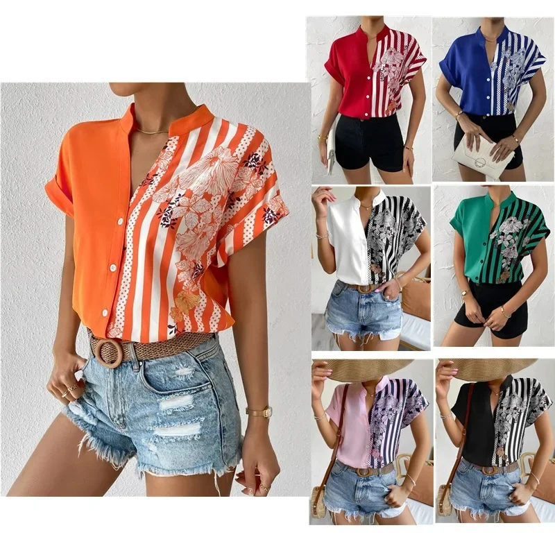 Summer New Streetwear Casual Fashion Patchwork Printing Casual Shirt Female Short Sleeve Loose All-match Trend Top Women Blouse 2020 all new fashion women s belt canvas english printing sunshine young students jeans waistbelt trend casual women belts