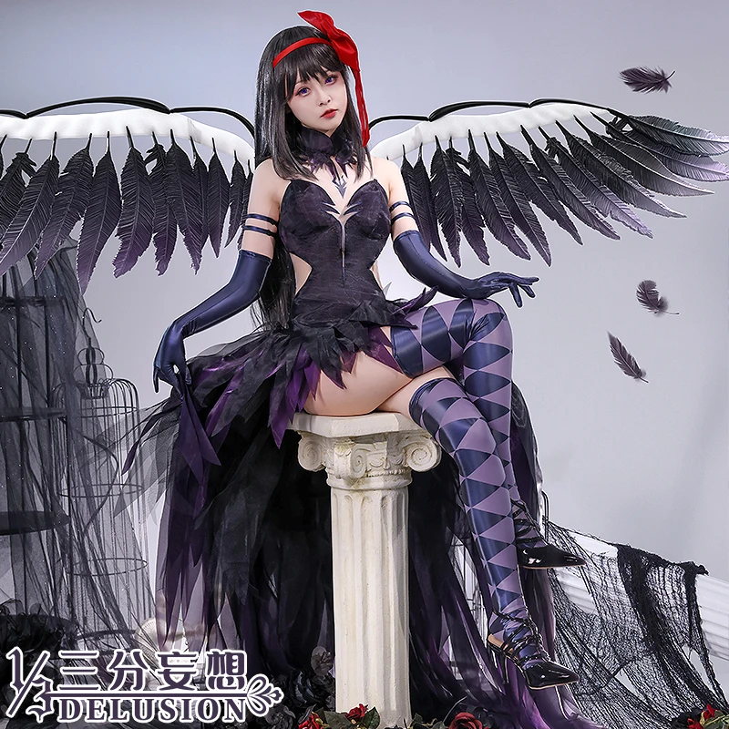 

COSER TRIBE Anime Game Kaname Madoka Akemi Homura Demon Flame Cosplay Women's Black Dress Set Halloween Carnival Role Play