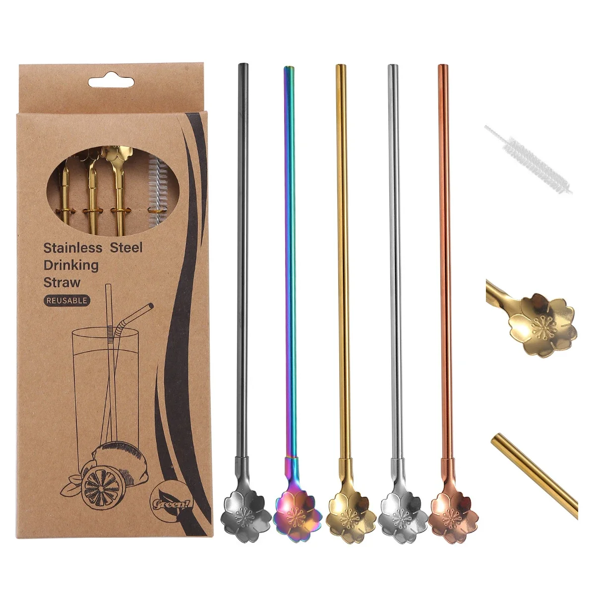 Cherry Blossom Stainless Steel Straw Spoon Set with Cleaning Brush - Ideal for Summer Drinks and Cocktails