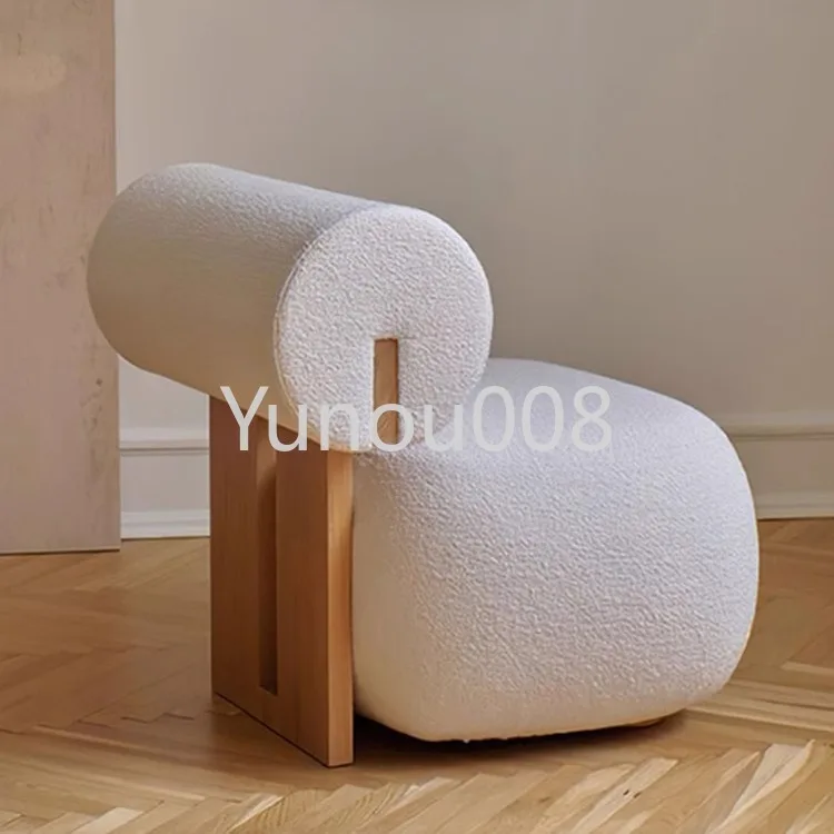 

Nordic solid wood armchair, modern light luxury, cream style living room, lazy lambswool hippo chair, single lounge chair