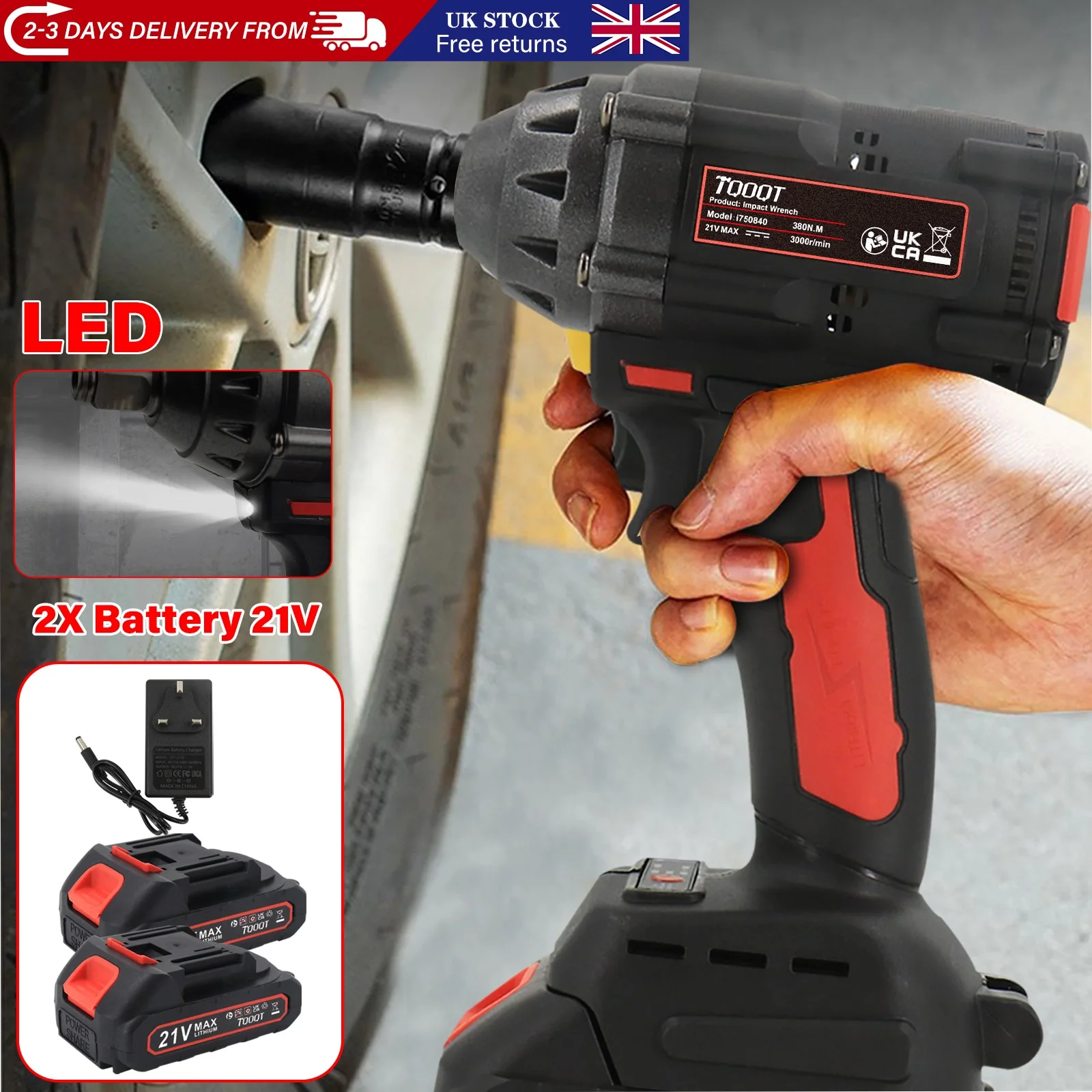 21V Cordless Impact Wrench Kit,1/2 Inch Drive Impact Wrench with 2 Batteries, 1000Nm Torque, Compact Design for Cars and Trucks