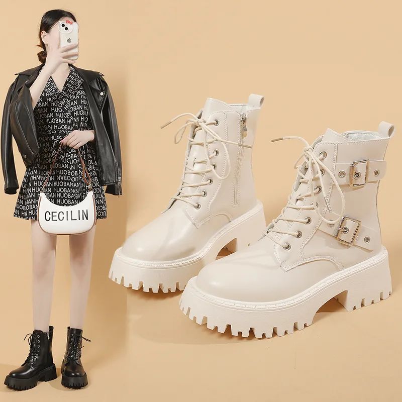 Shoes Female 2023 PU Ankle Women's Boots Classics Modern Boots Women Belt Buckle Round Toe Lace Up Fretwork Heels Ladies Shoes