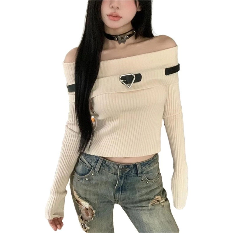 

Women Sexy Off Shoulder Sweater Punk Harajuku Buckled Ribbed Knitted Crop Tops
