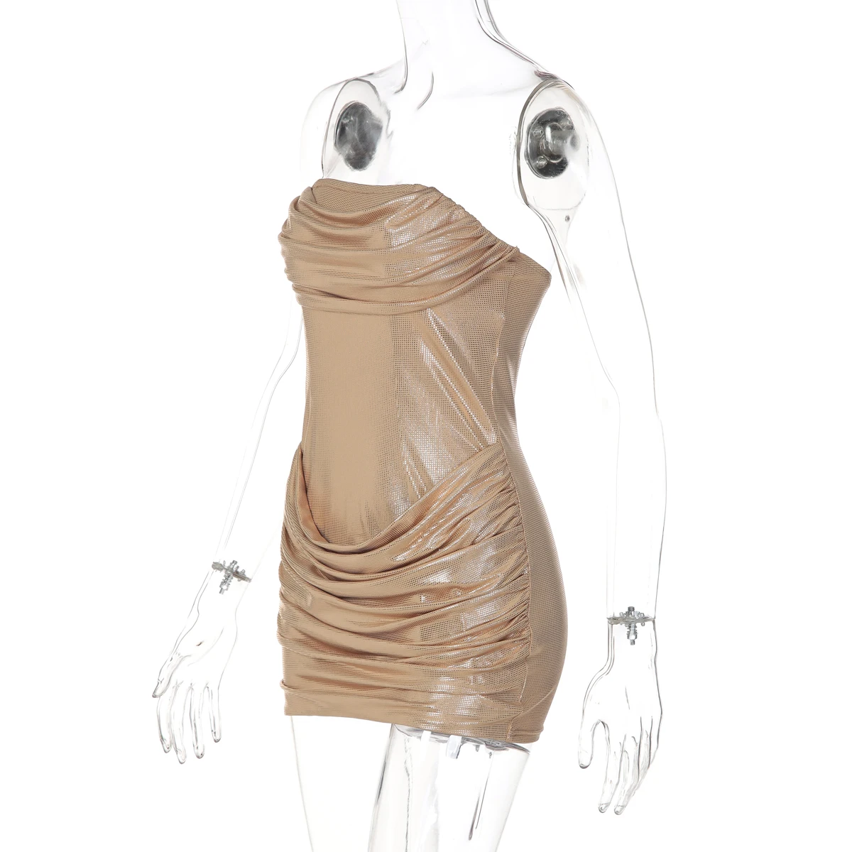 Hugcitar Fashion Shine Strapless Solid Ruched Sexy Bodycon Mini Dress Spring Summer Women Elegant Outfit Birthday Party Festival