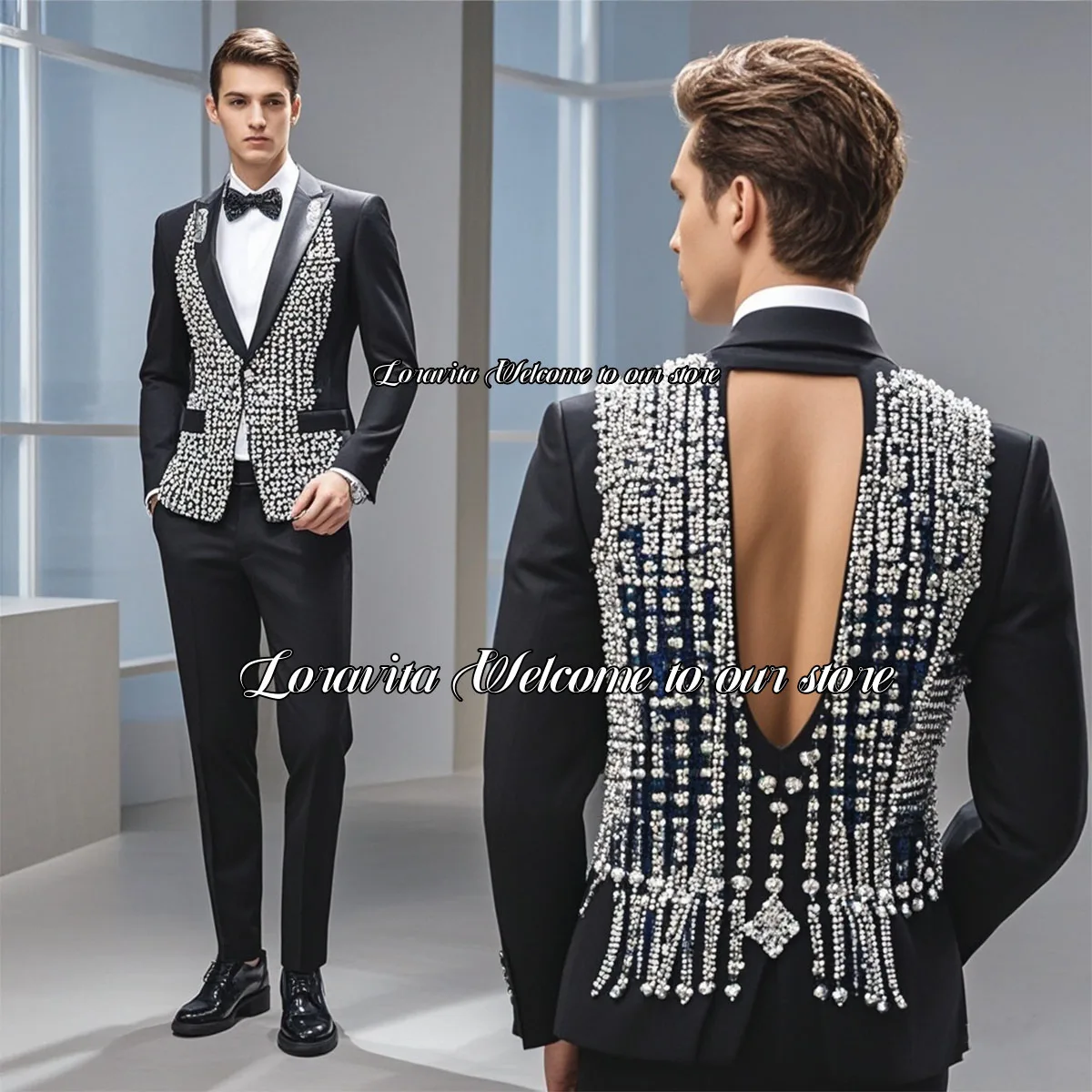 Luxury Men's 2 Pieces Wedding Groom Tuxedos Sparkly Beaded