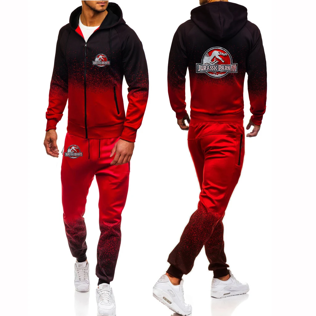 2023 New Jurassic Park Spring Autumn Custom Made Brand Men Zipper Jacket Hoodie + Pants Drawstring Gradient Color Suit Leisure