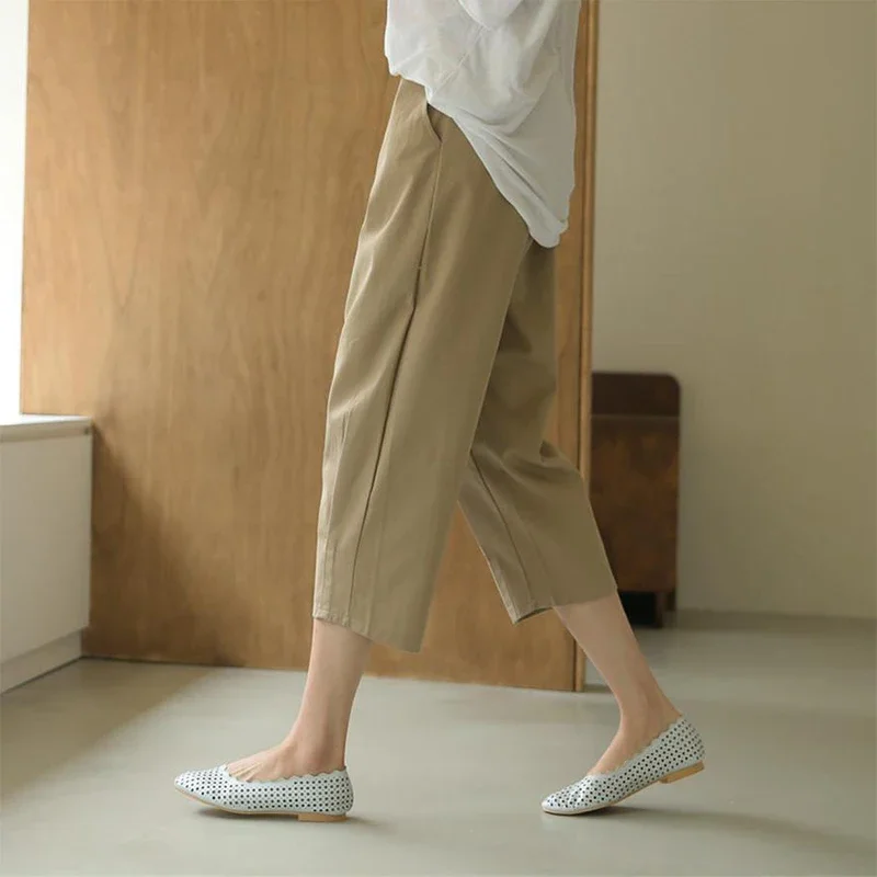 Summer New Elastic High Waist Loose Casual Harem Trousers Female Solid Color Calf Length All-match Cotton Pants Women's Clothing