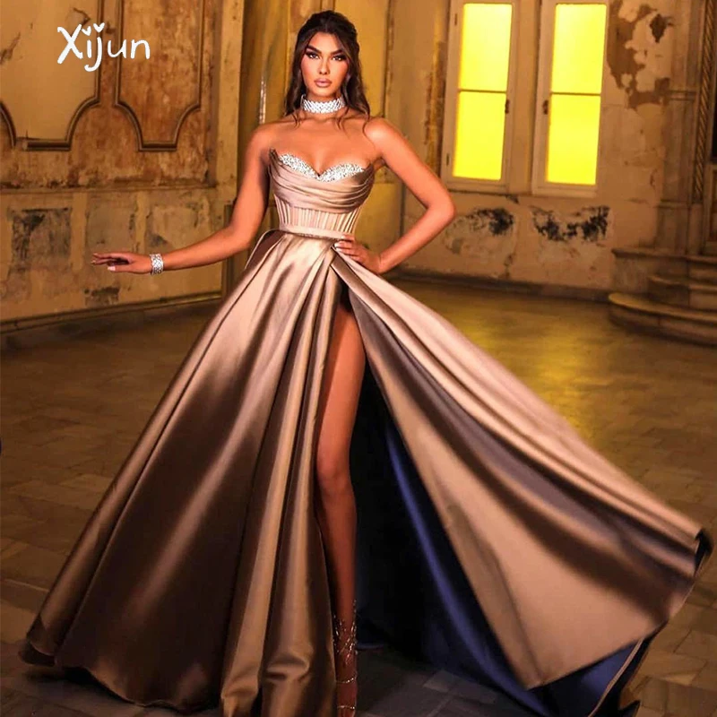 

Xijun Champagne A Line Prom Party Dresses Beading Sweetheart Evening Gowns Sleeveless Saudi Arabia Formal Party Dress For Women