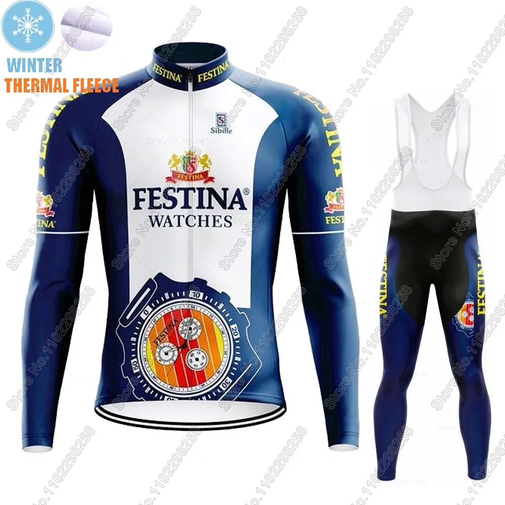Winter Retro Cycling Jersey Set Spanish Watches Vintage Men Long Sleeve Clothing Suit MTB Bike Road Pants Bib