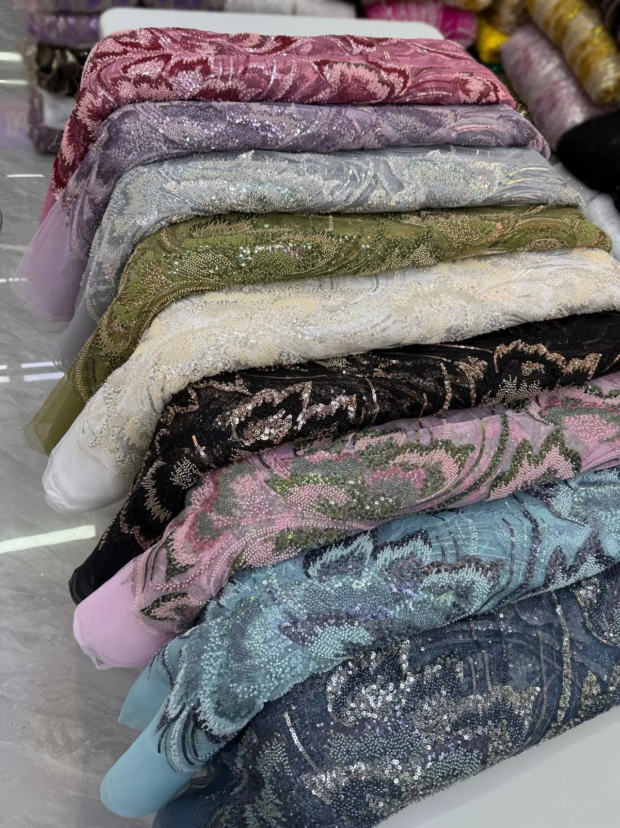 African Beads Lace Fabrics Sequin Lace Fabric 5 Yards For Woman Nigerian Wedding Dress