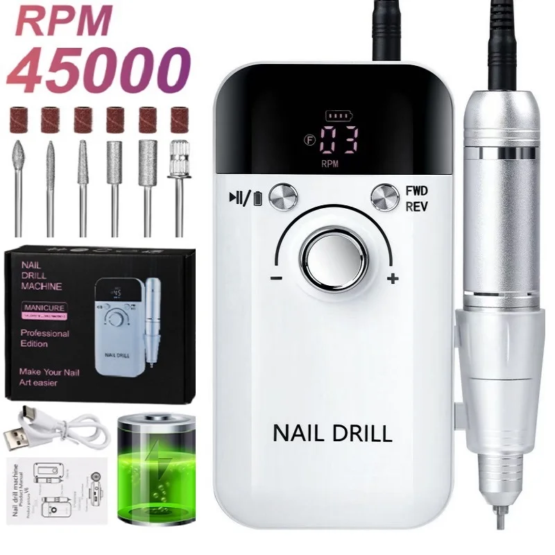 Electric Nail Drill 45000RPM Rechargeable Professional For Gel Nails Polish Portable File Manicure Tool For Electric Nail Drill Electric Nail Grinder