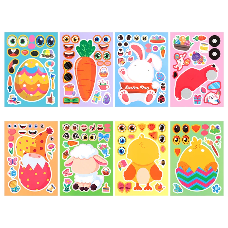 8/16Sheets Easter Puzzle Stickers Cute Rabbit Eggs Make a Face DIY Assemble Decals Jigsaw Toys 2025 Easter Party Kids Gift Game