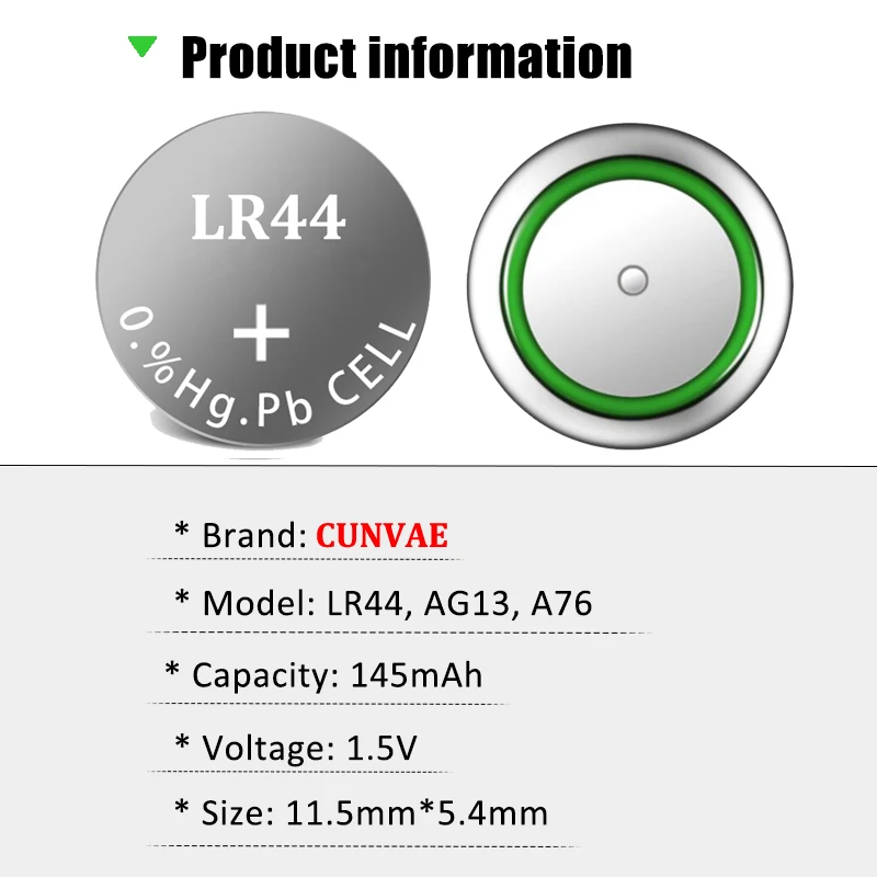 100 Pack LR44 AG13 357 Battery 1.5V SR44 A76 GP76 Lr 44b L1154c