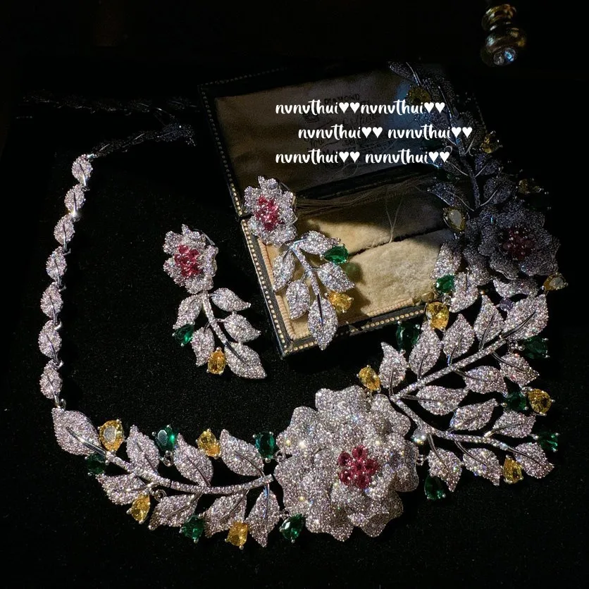 여성용 과장된 나뭇잎 꽃 쥬얼리 세트, 멀티 컬러 지르코니아 18K 골드 컬러 컬러, 레트로 웨딩 연회 귀걸이 목걸이