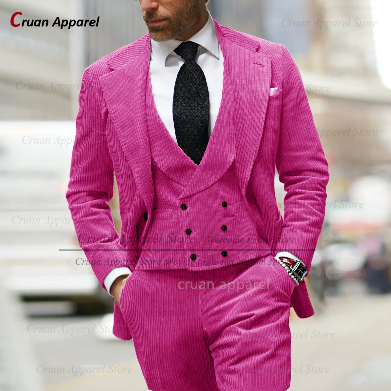Corduroy Men Suits 3 Pieces Slim Fit Fashion Dinner Business Wedding Tuxedos Men Tailor-made Casual Blazer Vest Pants Set