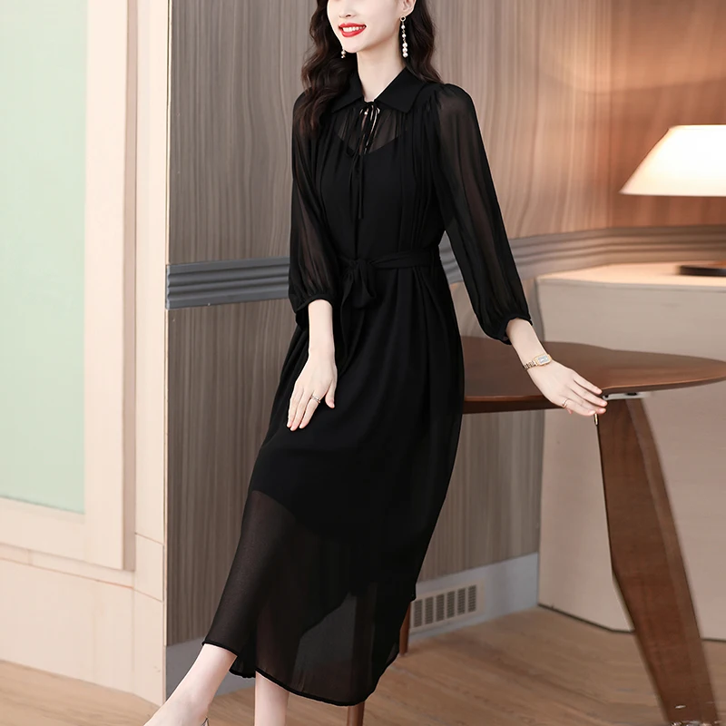 

2023 Women's Black Silk Dress Long Sleeve French Bubble Sleeve Loose Size Long Dress Solid Color Slim Knee Length Robe