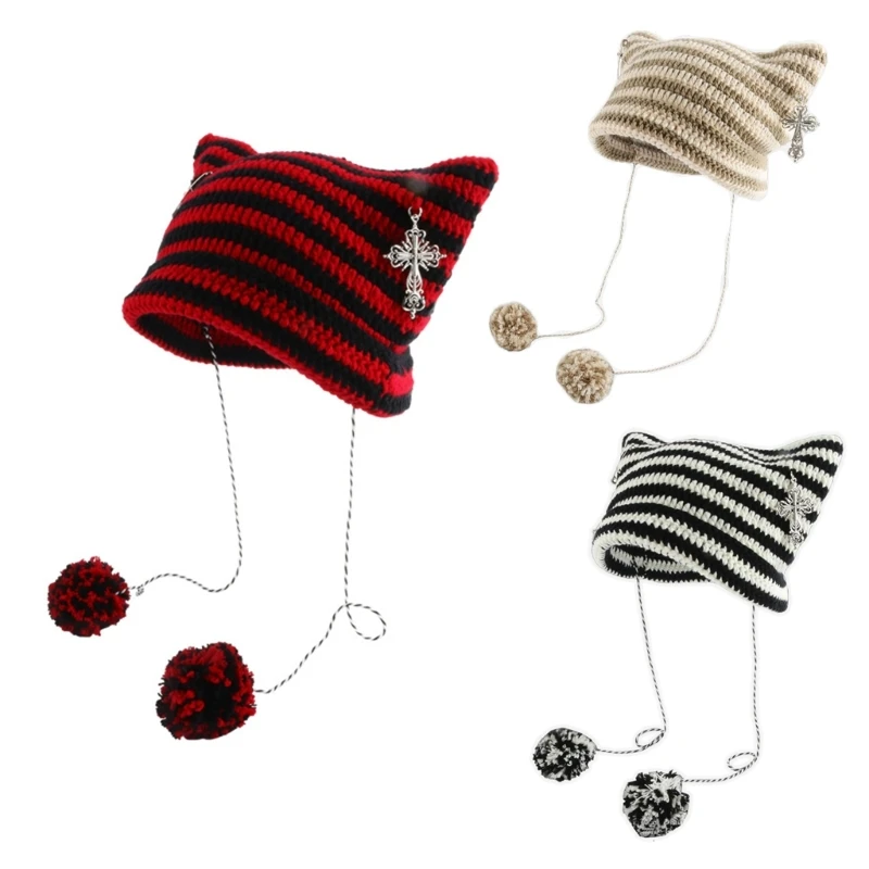 

Devil Horn Hat Little Devil Hat Striped Knit Hat Cat Ear Beanie Earflap Beanie Dropship