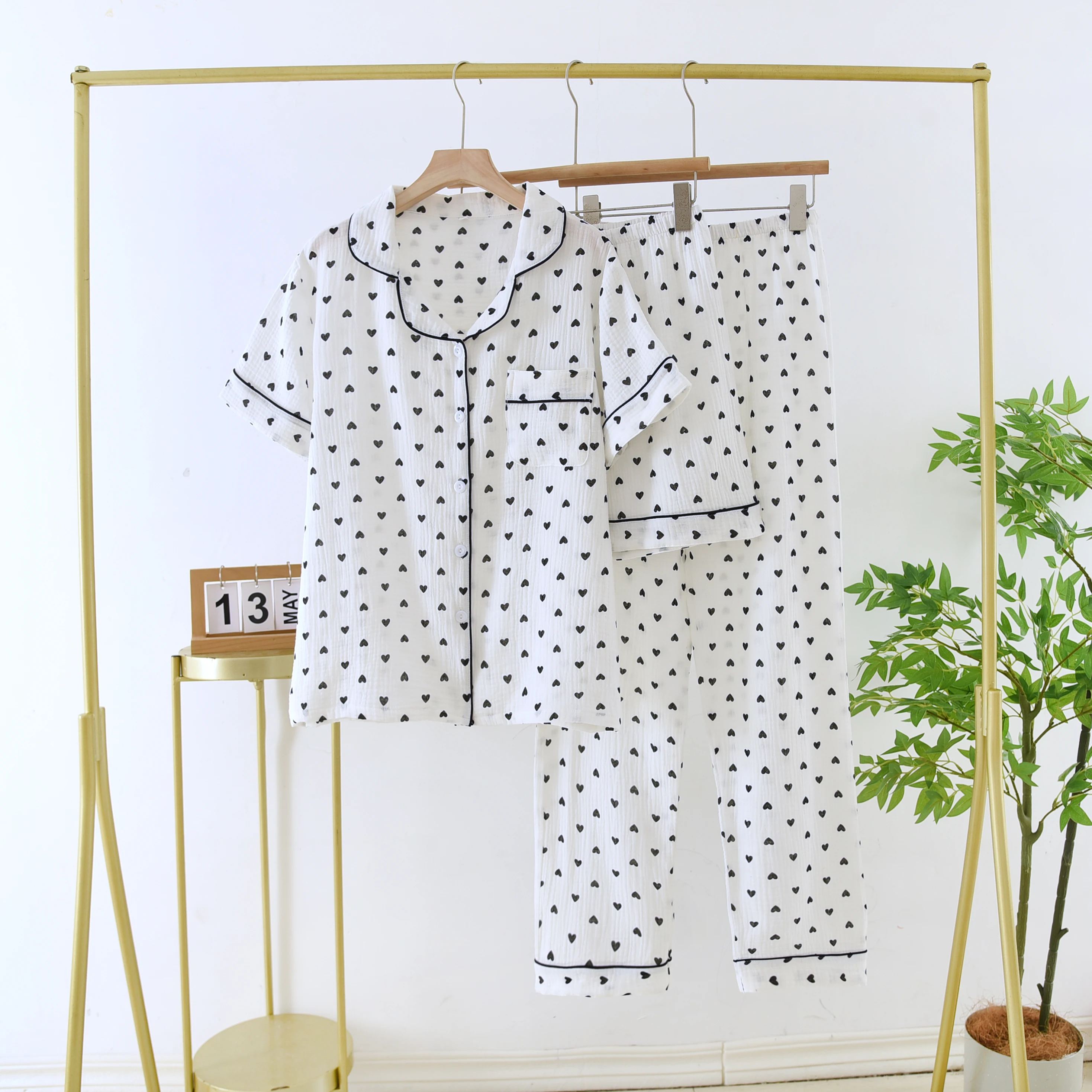 

Пижама женская из чистого хлопка и крепа, комплект из трех предметов, тонкие длинные брюки и шорты из хлопка и льна с коротким рукавом, на лето