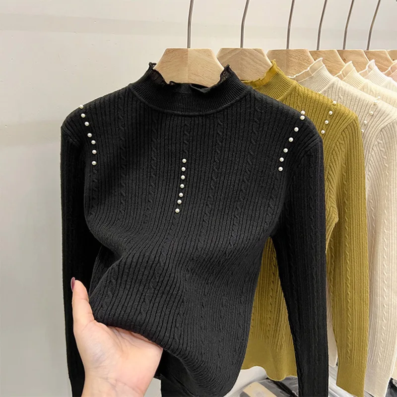 Women Autumn Knitted Sweater Long Sleeve Twist Pearl Slim Top
