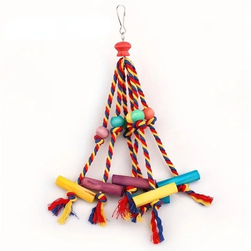 Bird Parrot Toys Colorful Cotton Rope Beads Wooden Blocks Bird Chewing Toy Parrot Cage Bite Toys