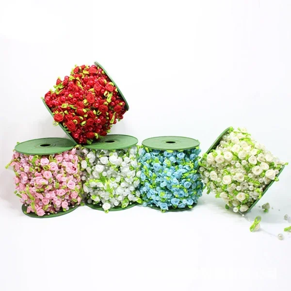 핑크 장미 진주 잎 스트링 구슬 화환 리본, 웨딩 파티 홈 공예 장식, DIY 액세서리 선물 포장, 2M