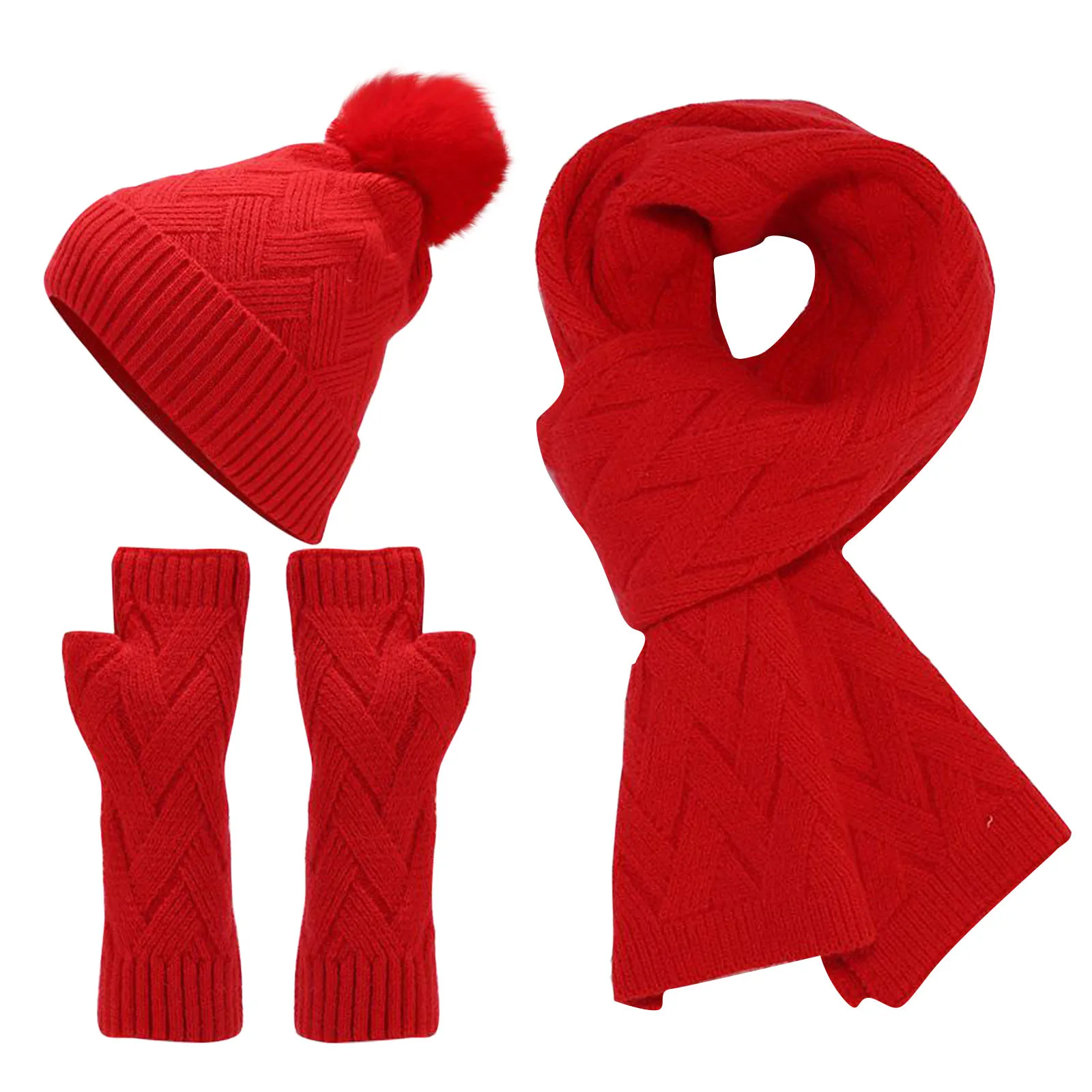 

Fashion Knitted Hat Scarf Gloves Three-Piece Autumn And Winter Warm Three-Piece Set Sombreros De Mujer Elegante Women'S Scarf