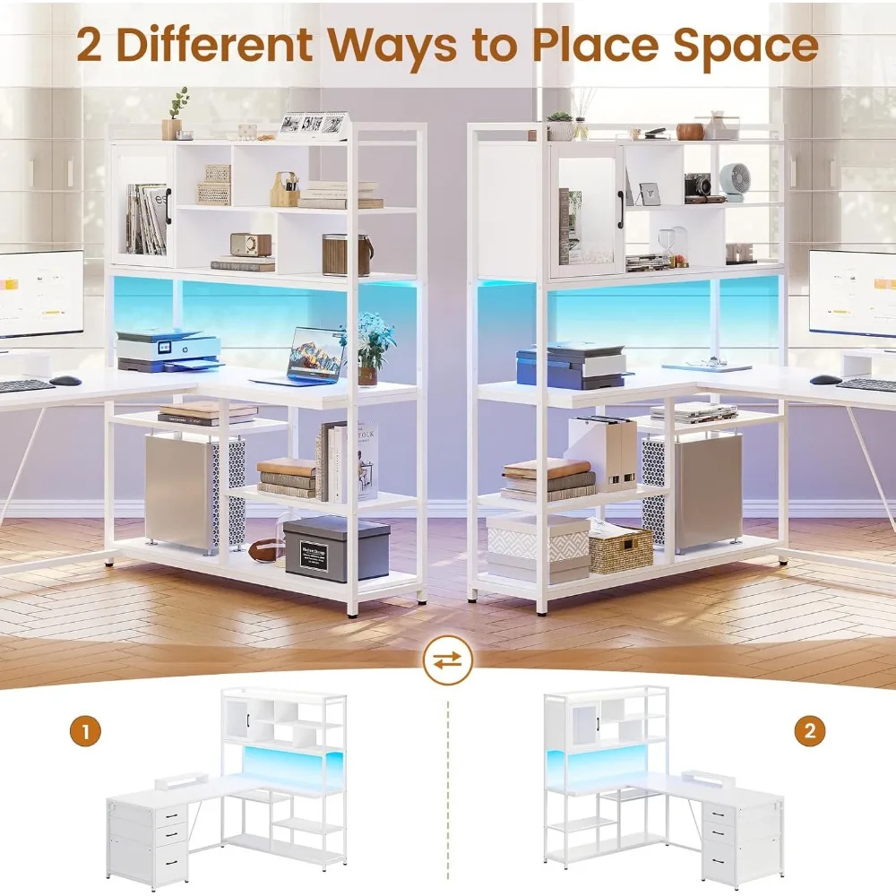 Shaped Computer Desk, 58'' Office Desk with 3 Drawers and Bookshelf, L Shaped Corner Desk with Storage Shelves and LED 5