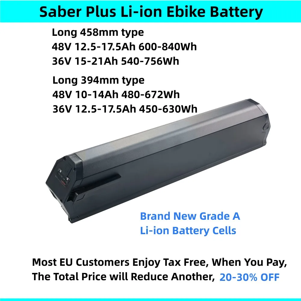 Saber Plus Li Ion Ebike Batterie 36V 12,5 Ah 13Ah 15Ah 15,6 Ah 20Ah 48V