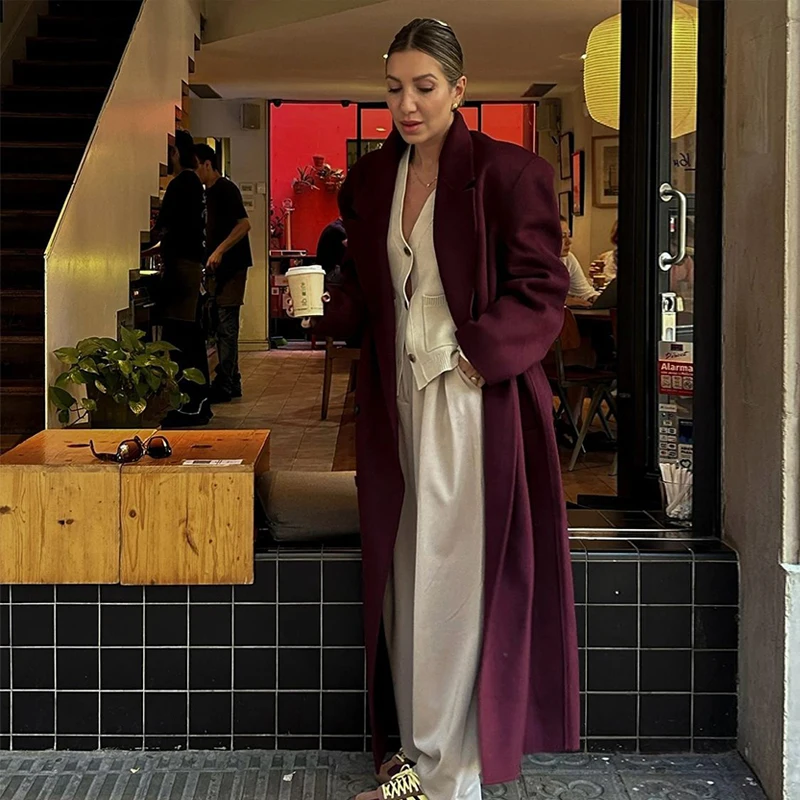 Fashion Burgundy Red Double Breasted Overcoat Women Lace Up Loose Lapel Pockets Long Sleeve Coat New High Street Outerwear