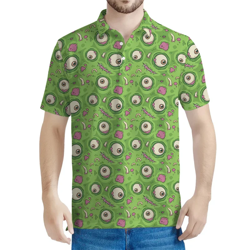

Рубашка-поло мужская с принтом зомби, короткий рукав, лацкан, топ в стиле Харадзюку, на пуговицах, с 3D-принтом мозга глаз, летняя