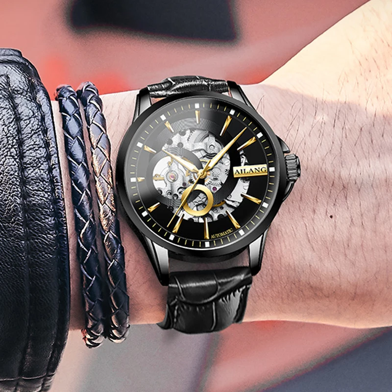 AILANG Fashion Men Automatic Mechanical Watch Skeleton Steampunk Mens Self Winding Wrist Watches Men Leather Band Reloj Relogio
