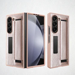 Luxury Leather Wristband Holder Phone Case with Glass Film - All-Inclusive Shockproof Design for Galaxy Z Fold 6 (Gold)