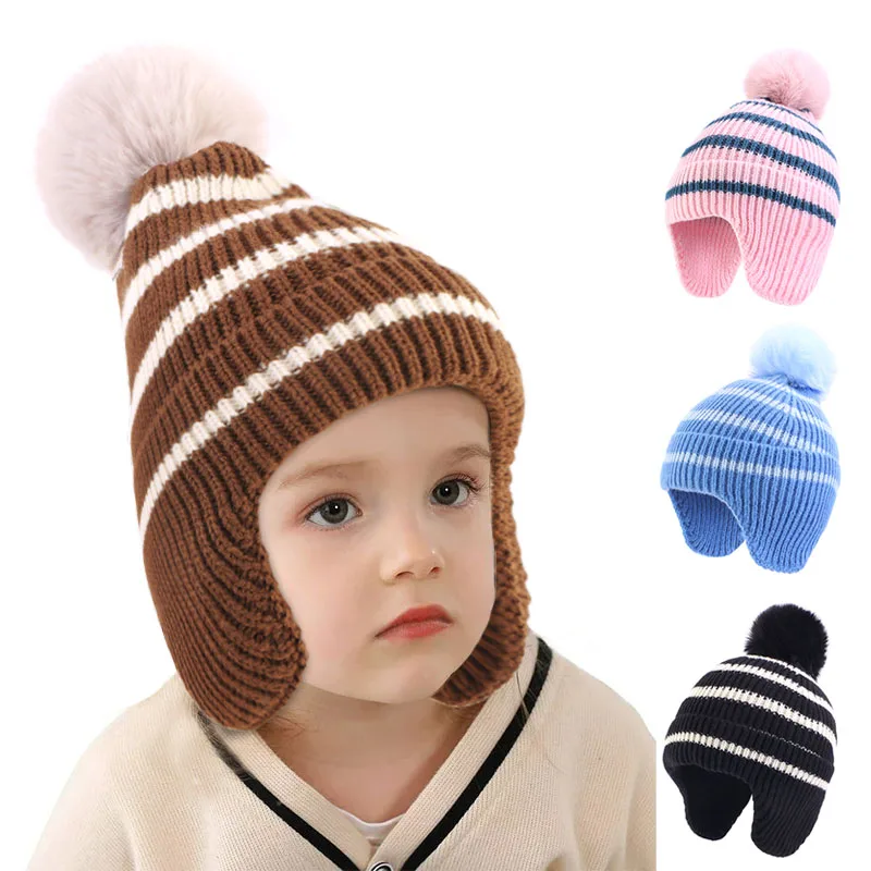 

Baby Stripe Bubble Beanie Warmer Ear Winter Hat Kids Knit Caps Girl Boy Fur pompom Beanie Cap Knitted Streak Cute Hat Keep Warm