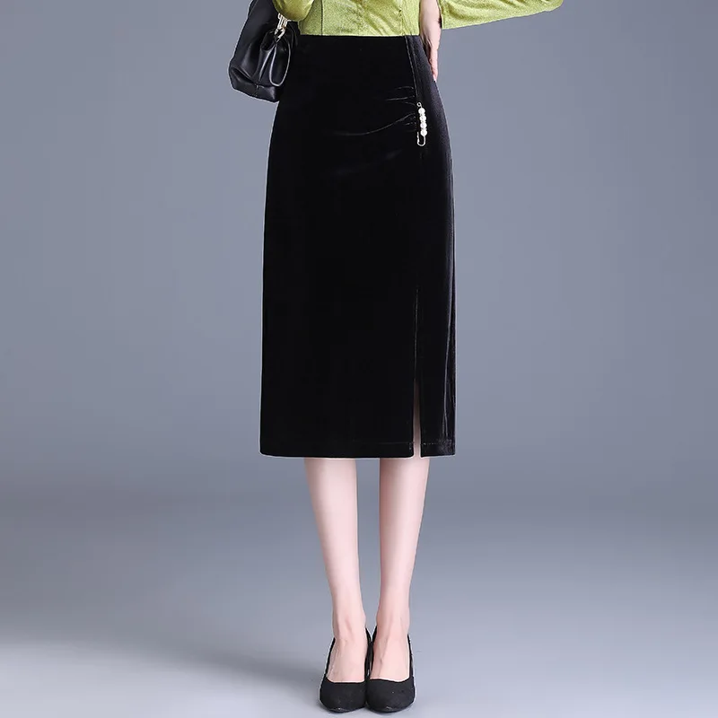 

Black Pleuche Pencil Skirt Women Autumn Winter Vintage Elegant Slim Fit Casual Office Lady Bodycon Mid-long Skirts 4XL Z3193