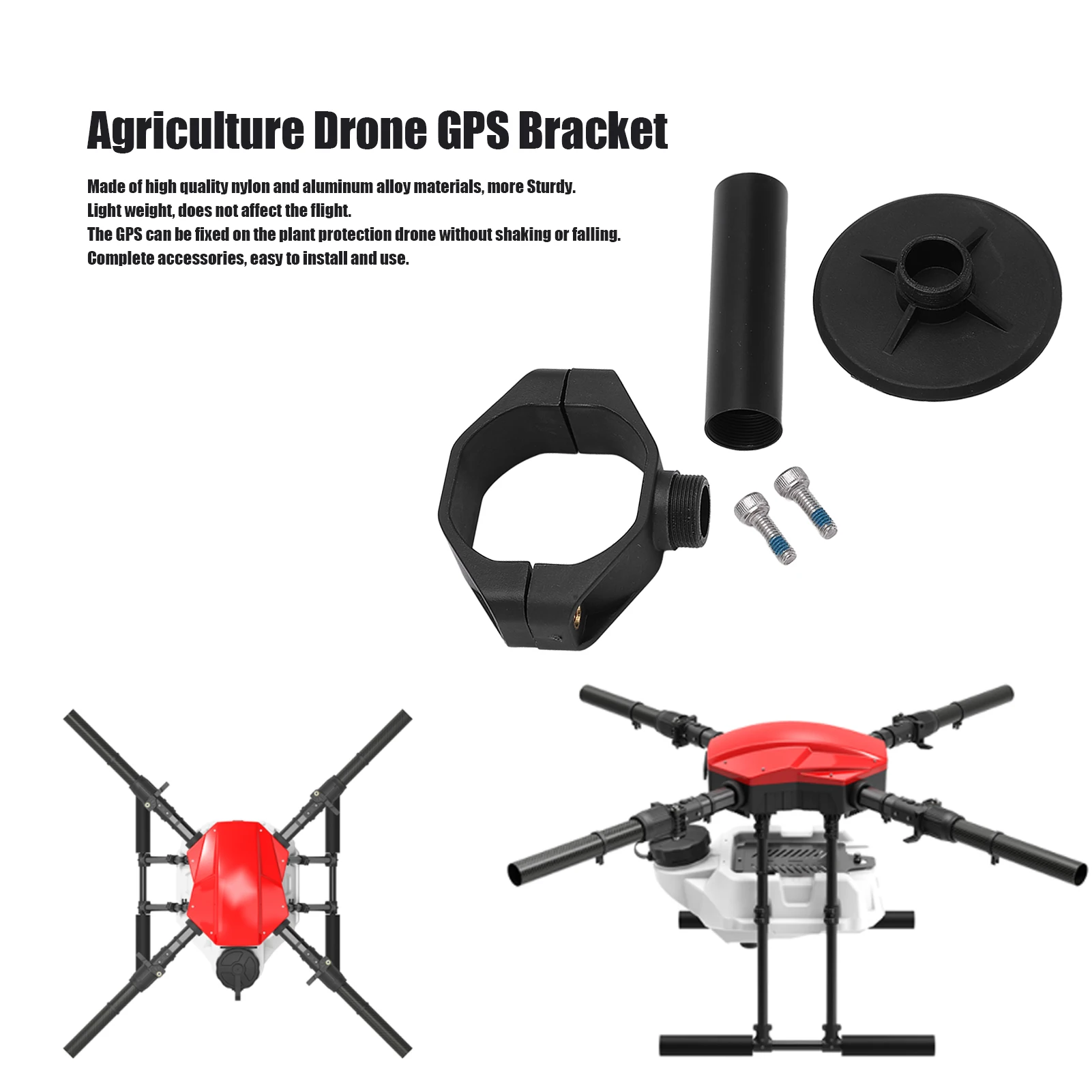 Support GPS drone agricole EFT en nylon et aluminium noir, fixation robuste et légère pour une installation précise.