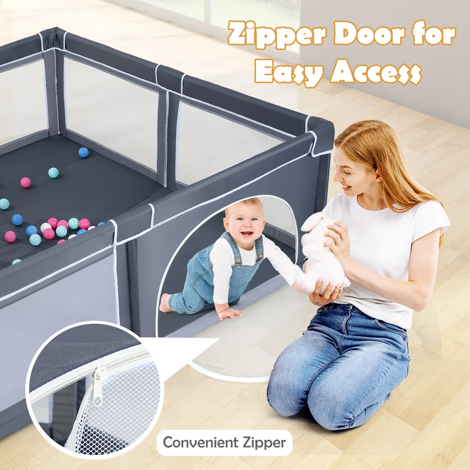 Extra Large Baby Playpen Safety Baby Play Yard w/50 Ocean Balls & 4 Handles 6