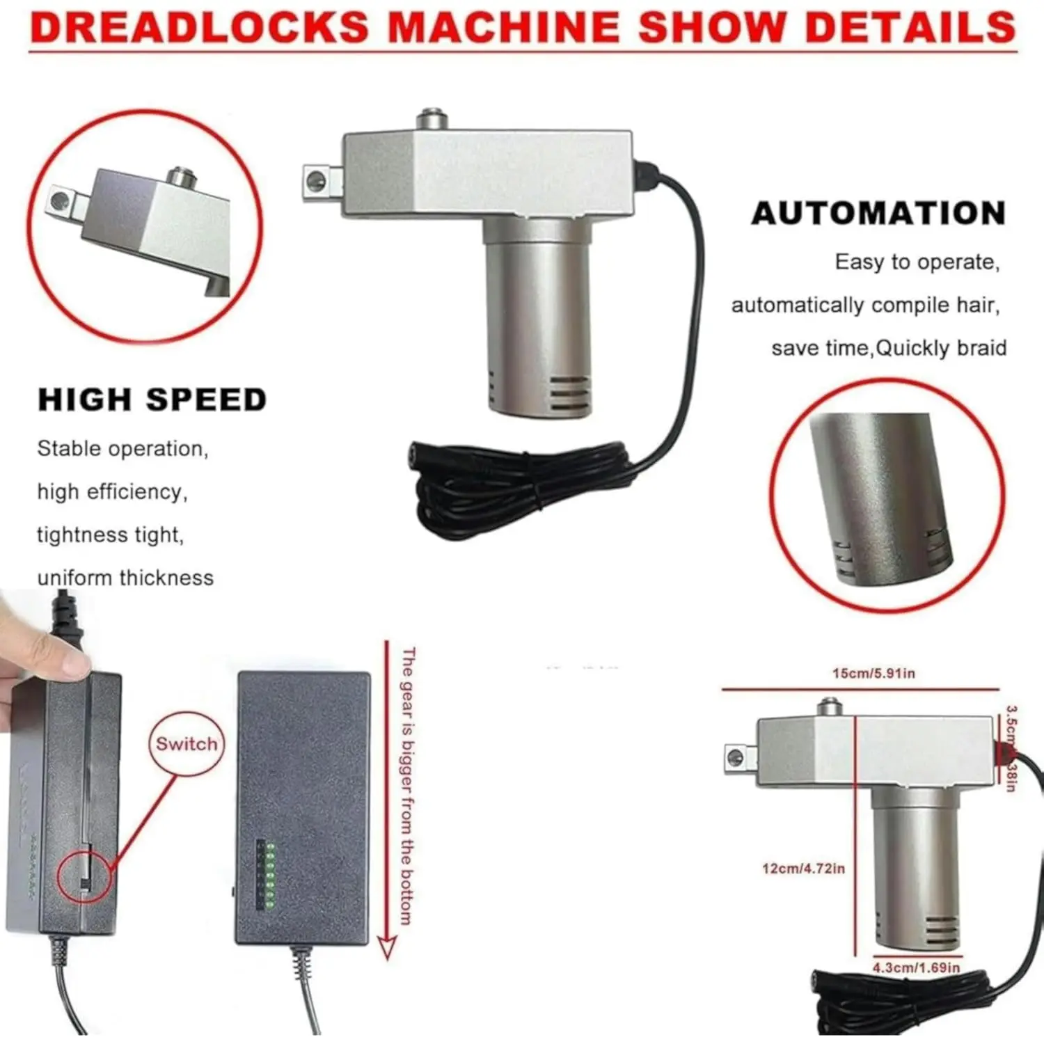 Dreadlock Maker Machine,Portable Handheld Electric Dreadlock Tools,for Dreadlock Suitable for Long Human Hair and Synthetic Hair 2