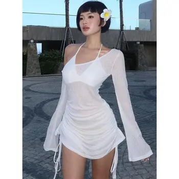 Y2K Sheer Mesh Halter Neck Drawstring Bodycon Mini Dress Women Long Sleeve Flare Sleeve See Through Ruched Summer Beach Cover Up 1
