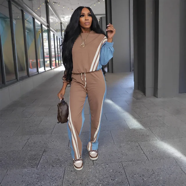 Autumn Winter Sport Style Color Block Denim Striped Long Sleeve Hoodie Drawstring Trousers Two Piece Set Women's Fashion 2