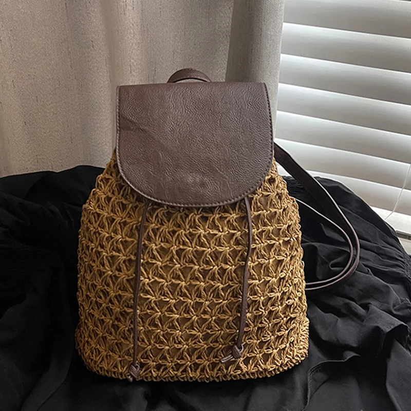 Women's Straw Backpack Summer Boho Bohemian Hollow Shoulder Bag Hobo Crochet Woven Travel Bags for Women Knitted Beach Back Pack