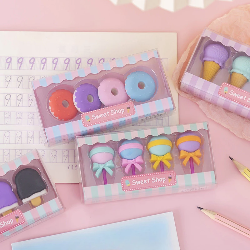 

4pcs Ice Cream Erasers Set Mini Lollipop Dessert Rubber Pencil Eraser for Student Kids Cute Stationery School Supplies