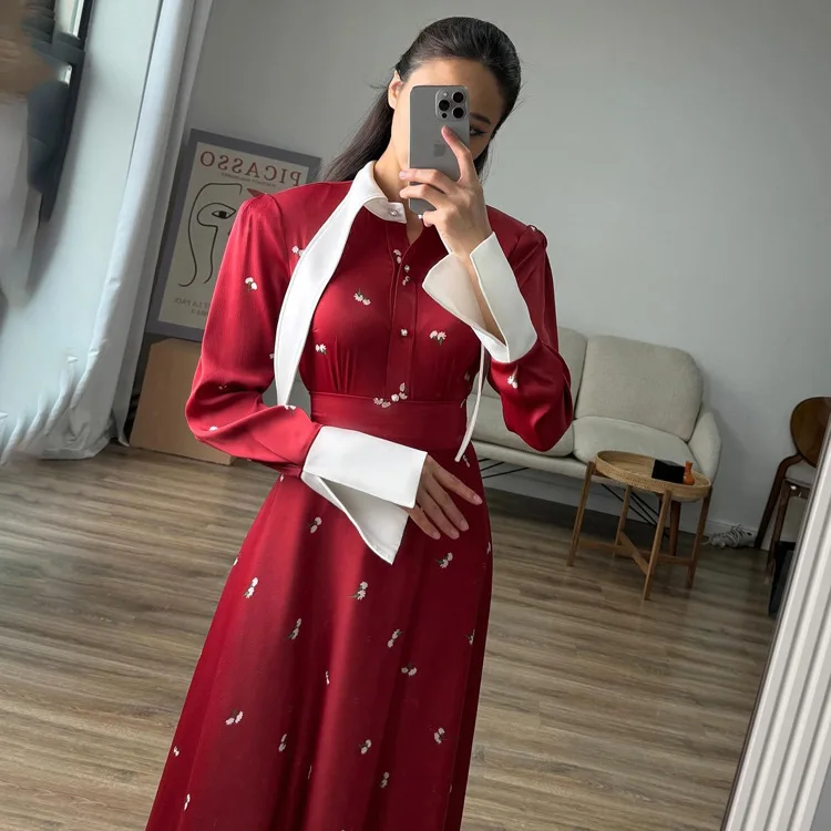 Elegant Satin Printed Long Dress Women's High Waist Patchwork Commute Slim Autumn Contrast Dress Female Maxi Dress