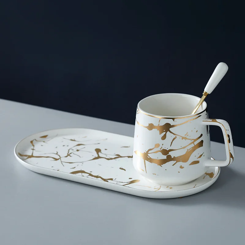 200ml Luxury Marble Ceramic Coffee Cups And Saucers Set With Gold Stan –  Yahan Sab Behtar Hai!