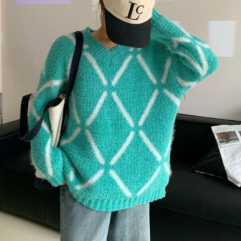 

Женский пуловер с круглым вырезом, повседневный трикотажный свитер в шахматную клетку с плотным покрытием и стразами, Осень-зима 2023