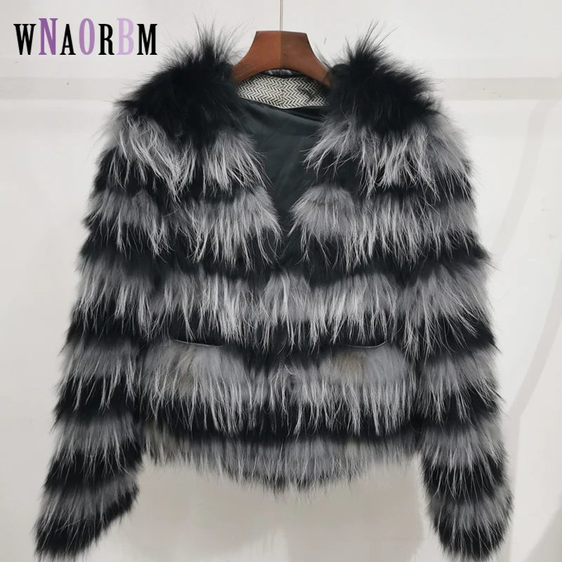 100% True Fox Fur Women's Fashion Natural Silver Fox Fur Coat Contrast Winter Short Jacket Striped Fur Fluffy Casual Coat