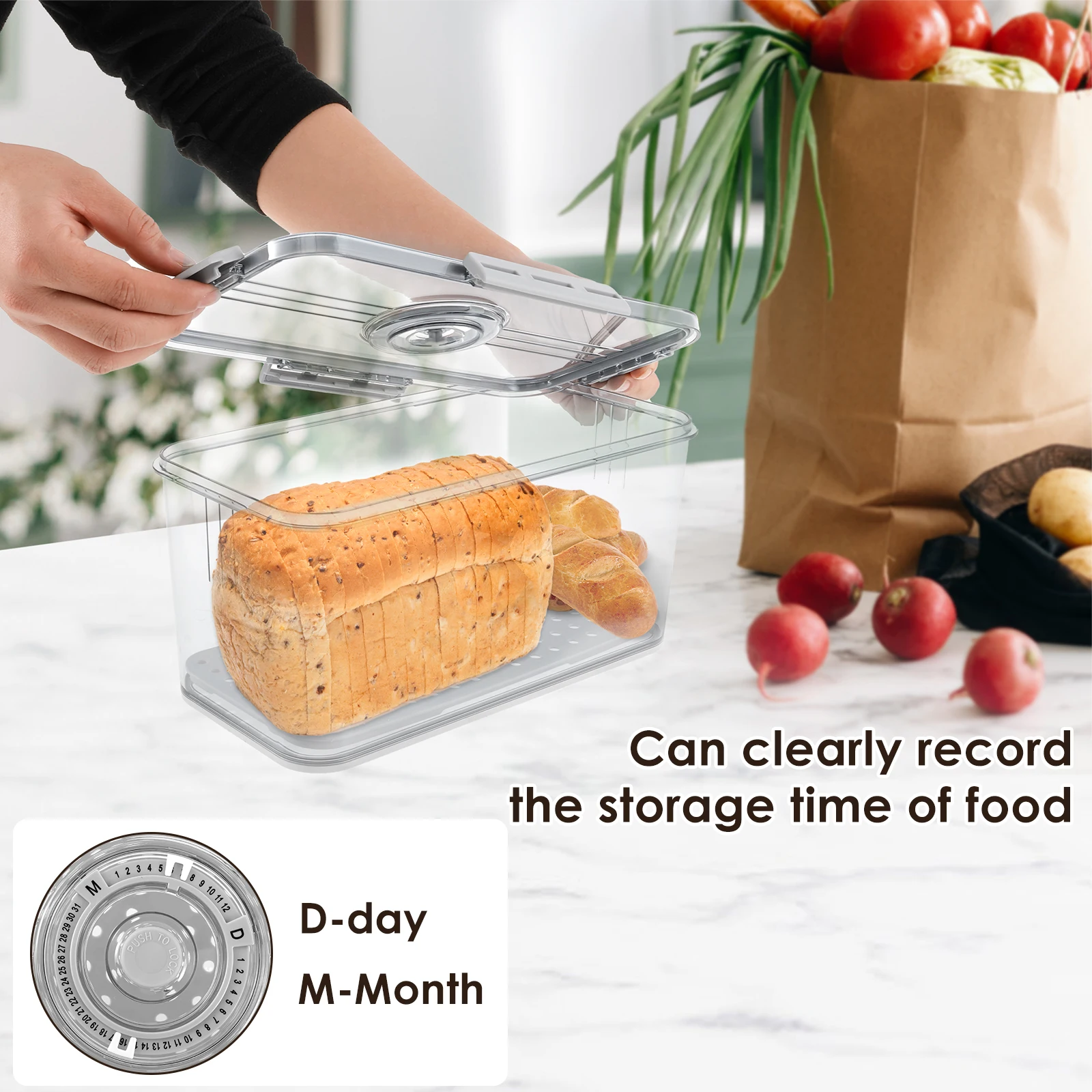 1 Pc Bread Box Food Grade Bread Storage Container with Snap Time Recording Airtight Sandwich Bread Holder for Bun Bagel Sandwich